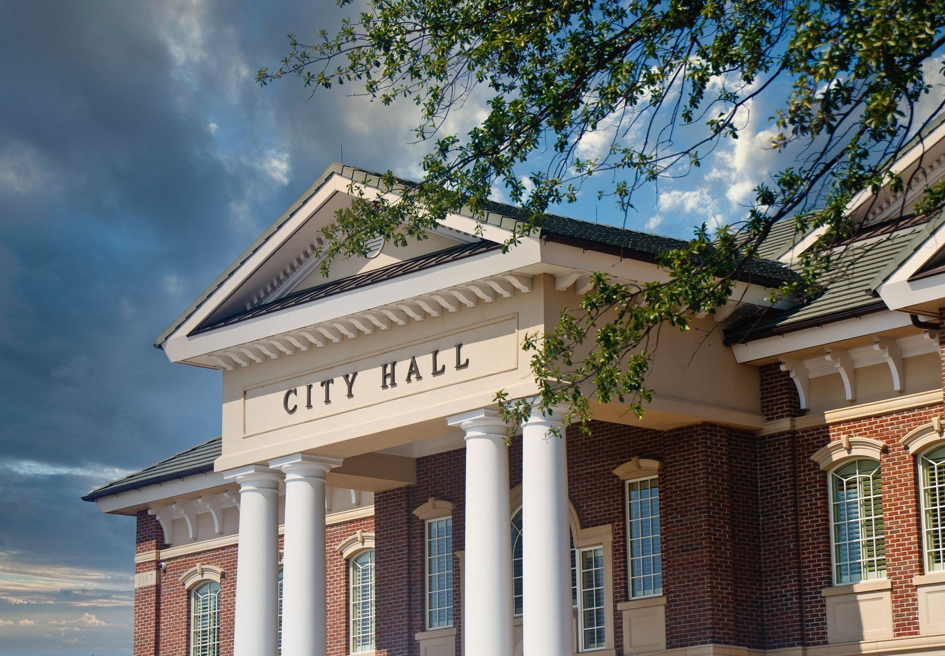 Classic City Hall with Columns at Dusk
